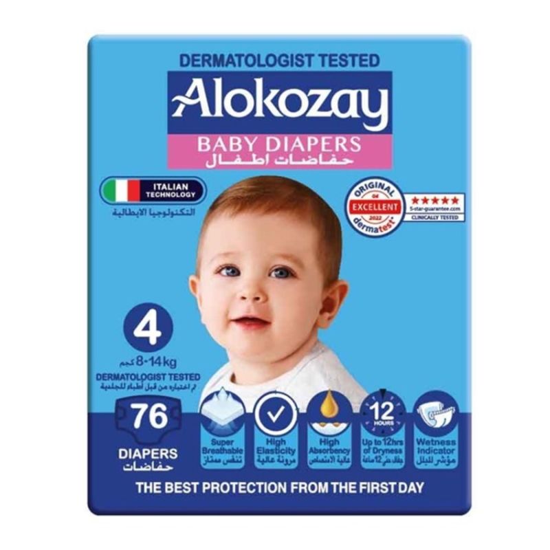 Alokozay Premium Baby Diapers Size 4 (8-14 kg) 76 Diapers | Dermatologist Tested | Super Breathable | High Elasticity | High Absorbency | Up to 12hrs of Dryness | Wetness Indicator