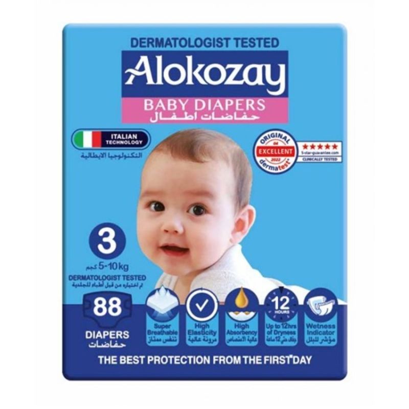 Alokozay Premium Baby Diapers, Size 3, for Babies 5-10 kg, 88 Diapers, Dermatologist Tested, Super Breathable, High Elasticity, High Absorbency, Upto 12hrs of Dryness, Wetness Indicator