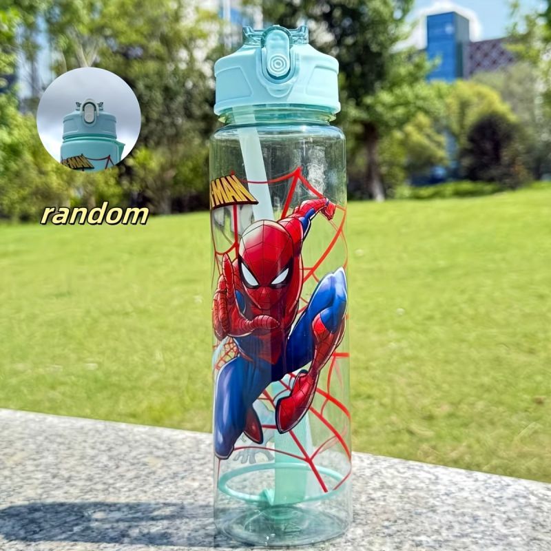 Marvel Spider-Man Sports Water Bottle 800ml – Leakproof Flip-Top with Straw, Transparent Cartoon Design, Portable Large Capacity Bottle for Kids & Adults, Outdoor Fitness Travel Gift