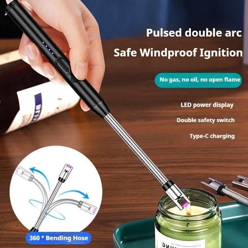Candle Lighter USB Rechargeable Arc Plasma Igniter, Electric Long Match with LED Battery Display, 360° Flexible Neck, Windproof Flameless for Candles, BBQ, Camping, Gas Stove