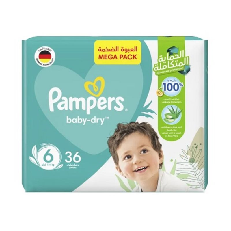 Pampers Baby-Dry Diapers with Aloe Vera Lotion, Mega Pack, Size 6 (13+ kg) with 36 Diapers – Leak Protection & Skin Comfort for Active Babies