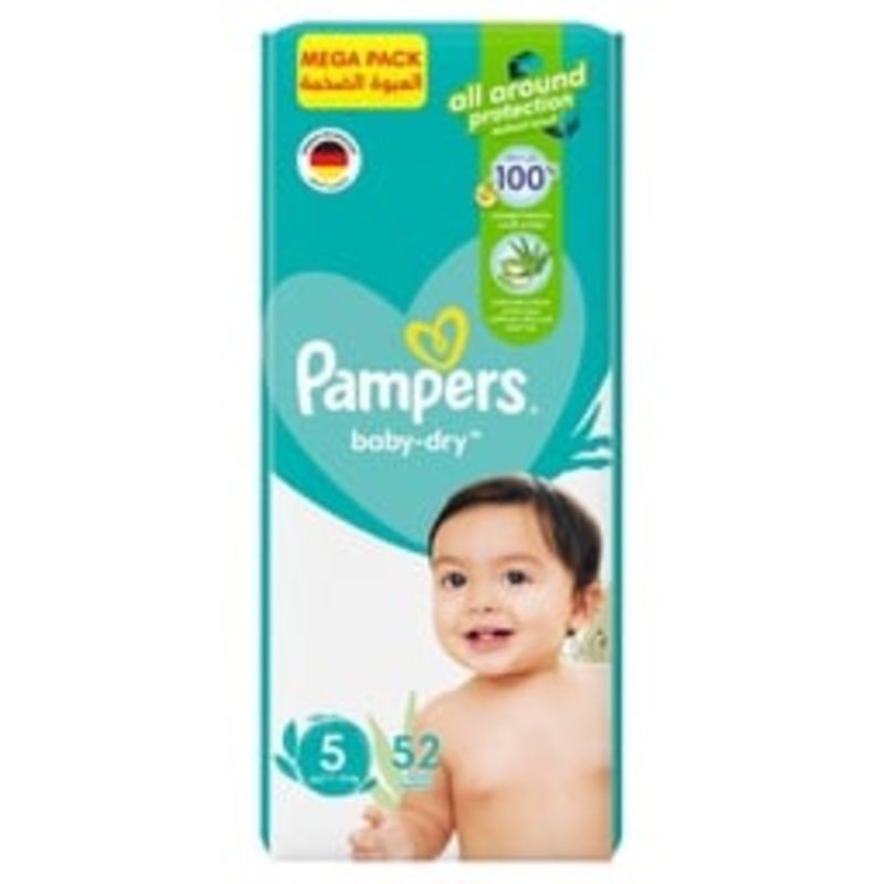 Pampers Baby Dry Mega Pack (5) 11-16kg 52 Diapers | Size 5 Nappies for Day & Night Dryness | Air Channels | Leak Protection | Soft & Comfortable Fit