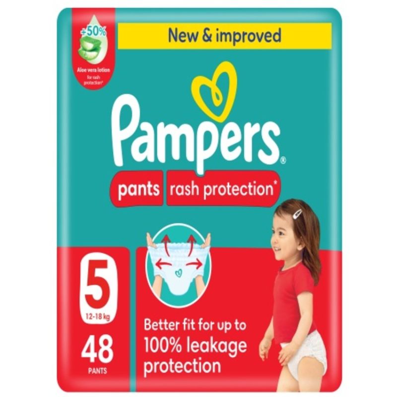 Pampers Rash Protection Pants Diapers, Size 5, 12-18kg 48 pcs Diapers with 100% Leakage Protection and Aloe Vera for Sensitive Skin