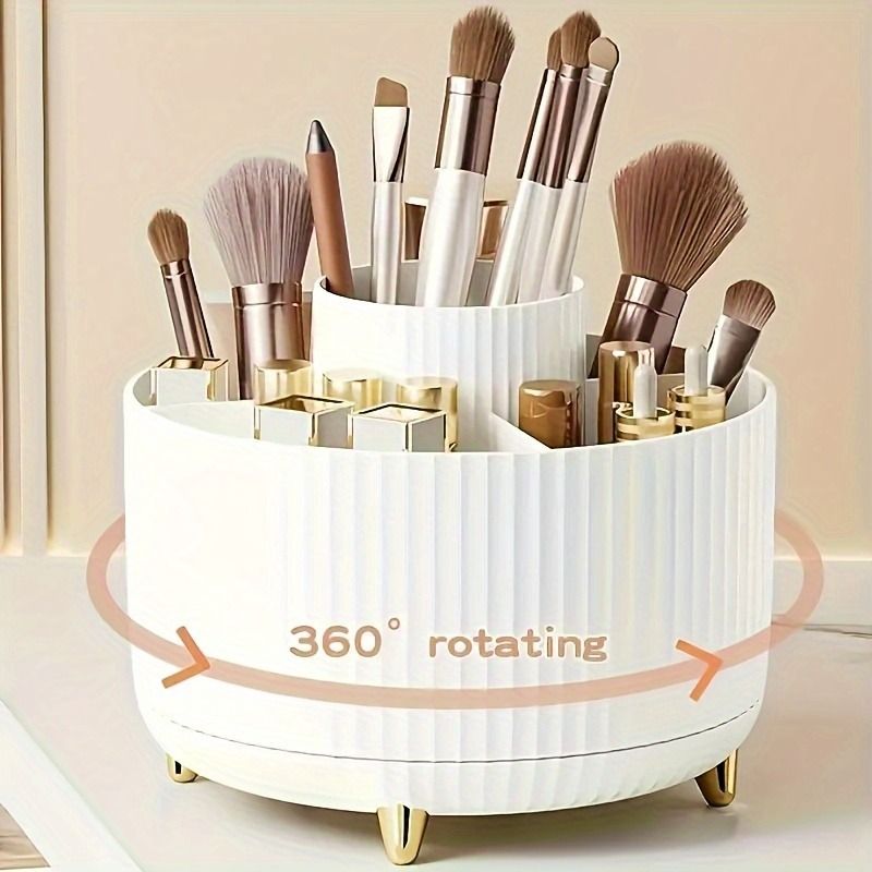 360° Rotating Makeup Organizer – 5-Compartment Cosmetic & Desk Storage Caddy, Durable Plastic, Luxury Stripe Design, Gold-Toned Accents, Brush & Skincare Holder